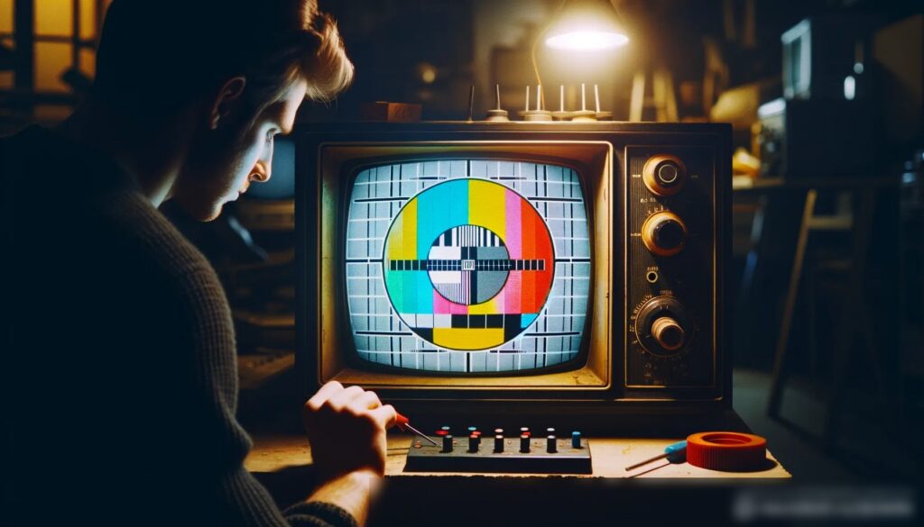 Техник тестирует вновь отремонтированный винтажный телевизор - Пример 1