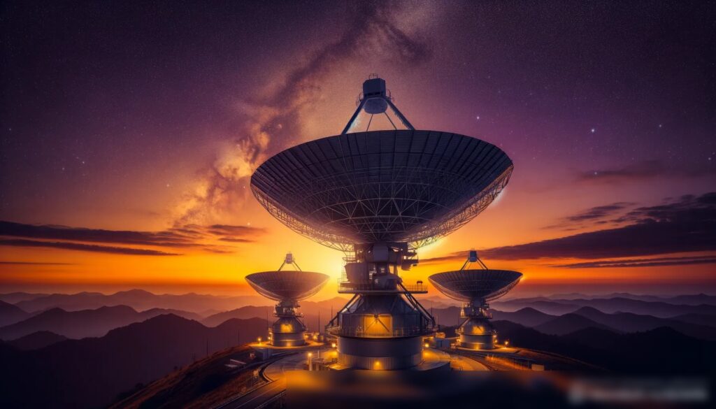 Вид снаружи на станцию спутниковой связи на закате - Пример 2