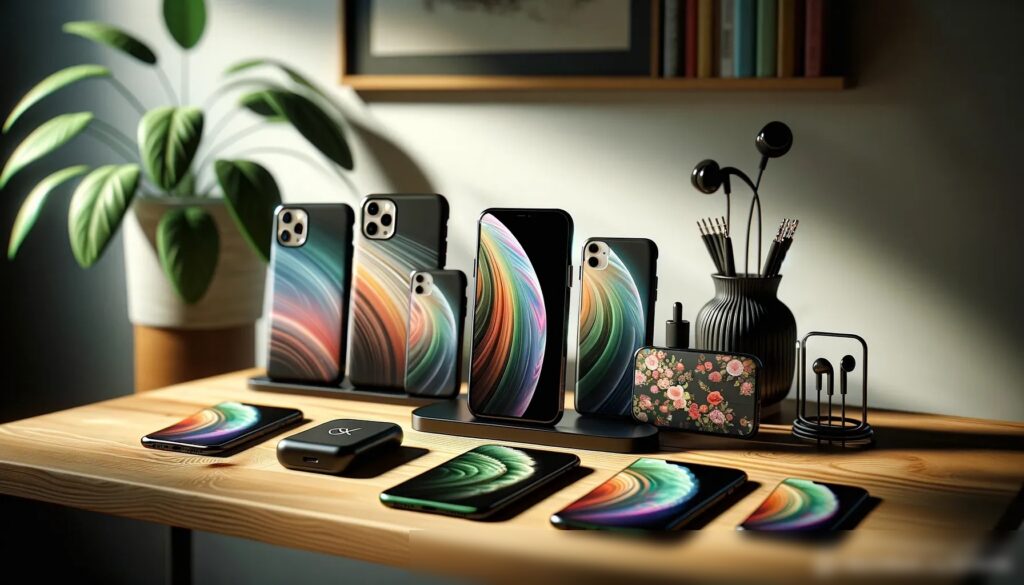 Фотореалистичное изображение в стиле стоковой фотографии современной хорошо освещенной комнаты с аксессуарами для мобильных телефонов, аккуратно расположенными на деревянном столе - Пример 2