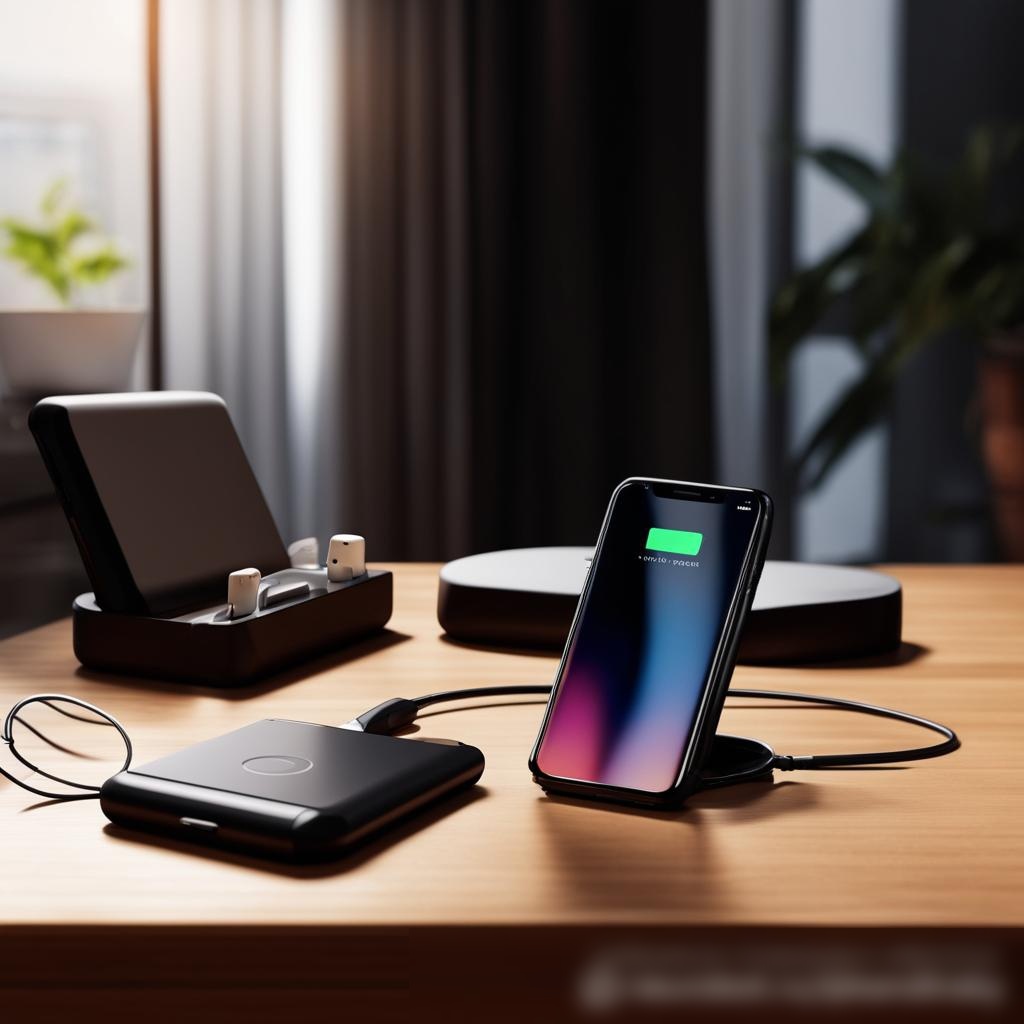 Фотореалистичное изображение в стиле стоковой фотографии современной хорошо освещенной комнаты с аксессуарами для мобильных телефонов, аккуратно расположенными на деревянном столе - Пример 3