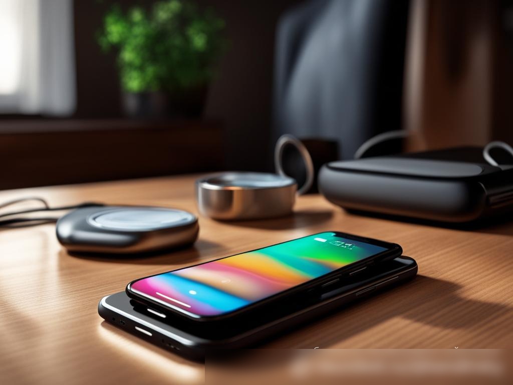 Фотореалистичное изображение в стиле стоковой фотографии современной хорошо освещенной комнаты с аксессуарами для мобильных телефонов, аккуратно расположенными на деревянном столе - Пример 4