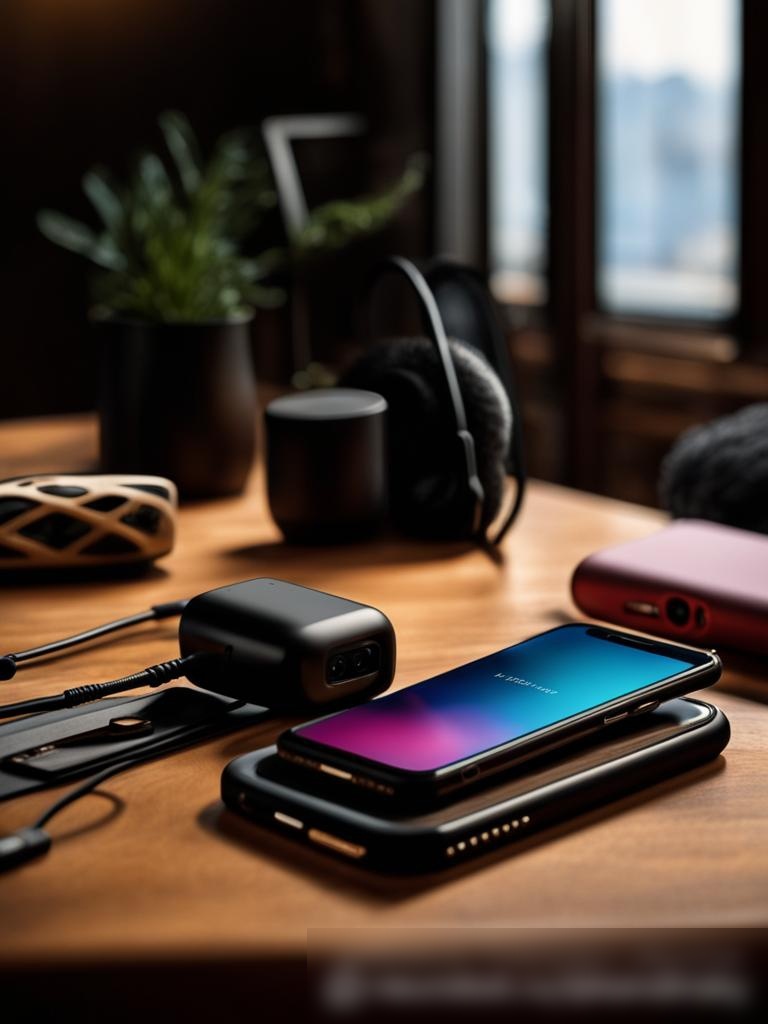 Фотореалистичное изображение в стиле стоковой фотографии современной хорошо освещенной комнаты с аксессуарами для мобильных телефонов, аккуратно расположенными на деревянном столе - Пример 5