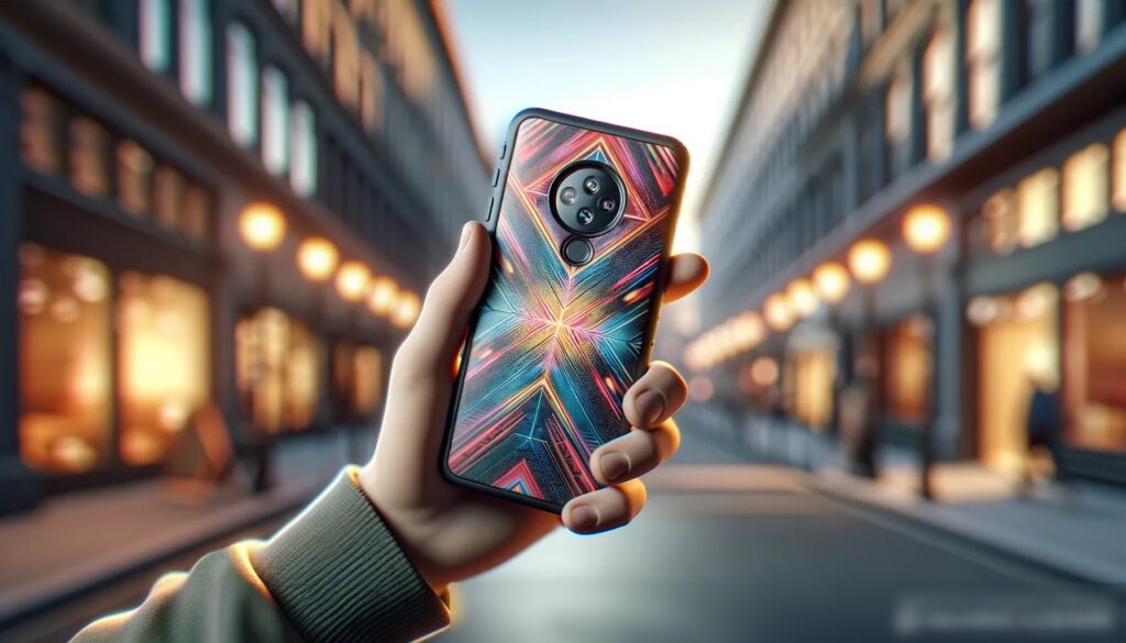 Фотореалистичное изображение в стиле стоковой фотографии руки человека, держащего смартфон с ярким стильным защитным чехлом на фоне размытого городского пейзажа - Пример 2