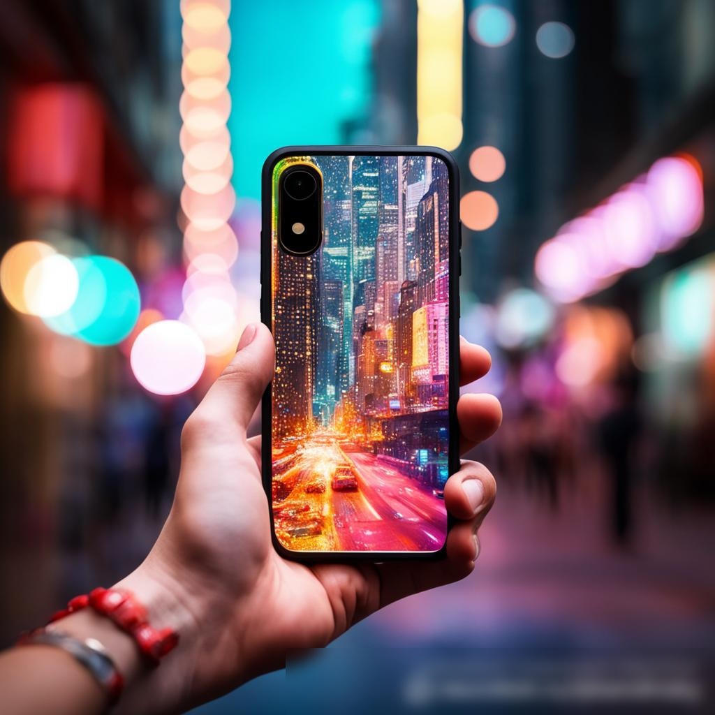 Фотореалистичное изображение в стиле стоковой фотографии руки человека, держащего смартфон с ярким стильным защитным чехлом на фоне размытого городского пейзажа - Пример 3