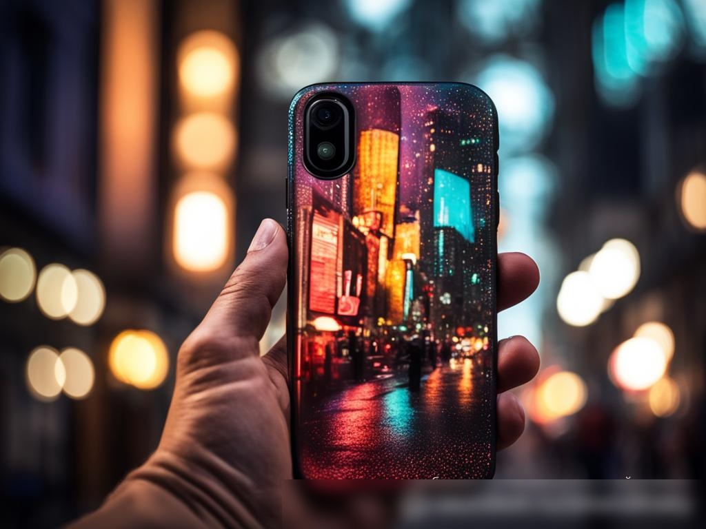 Фотореалистичное изображение в стиле стоковой фотографии руки человека, держащего смартфон с ярким стильным защитным чехлом на фоне размытого городского пейзажа - Пример 4