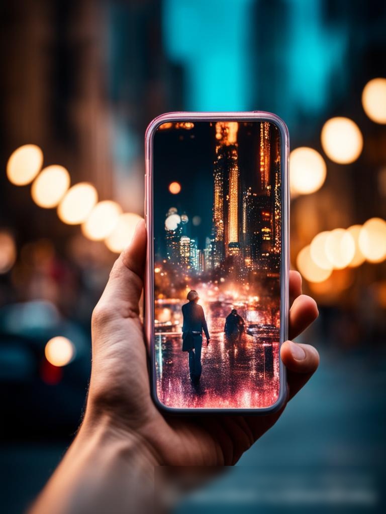 Фотореалистичное изображение в стиле стоковой фотографии руки человека, держащего смартфон с ярким стильным защитным чехлом на фоне размытого городского пейзажа - Пример 5