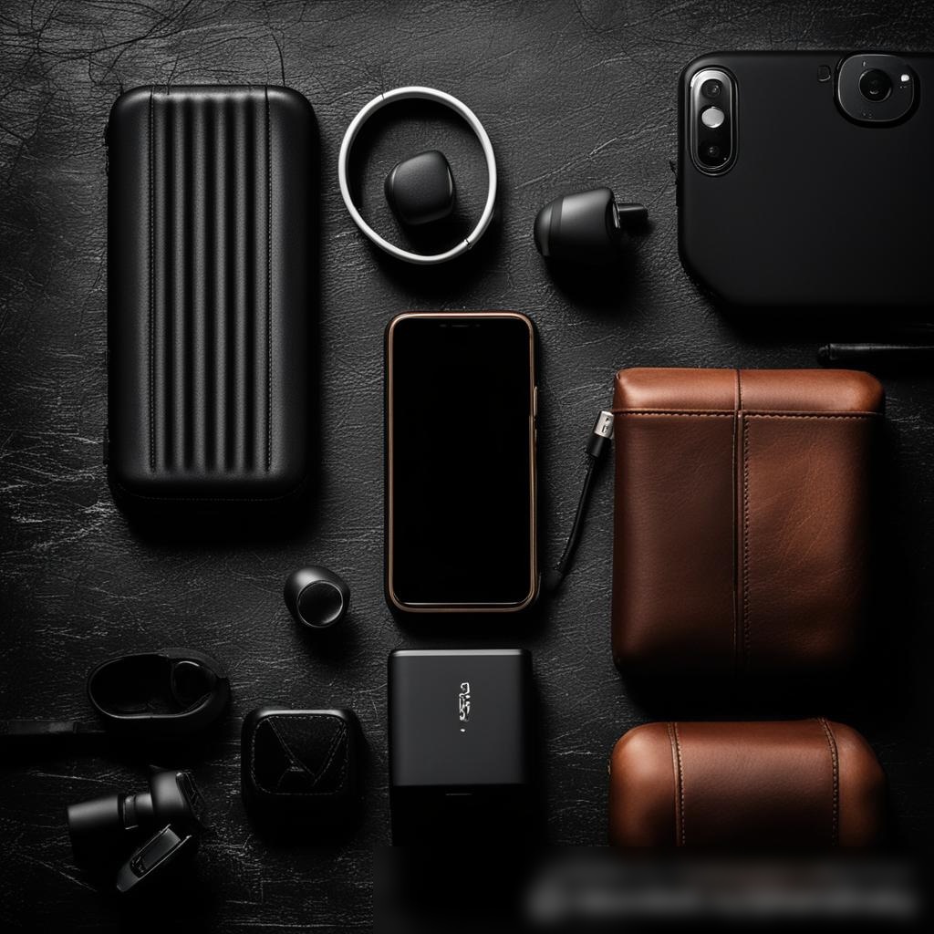Изображение аксессуаров для мобильных телефонов на темной текстурированной поверхности в стиле высококачественной стоковой фотографии - Пример 3