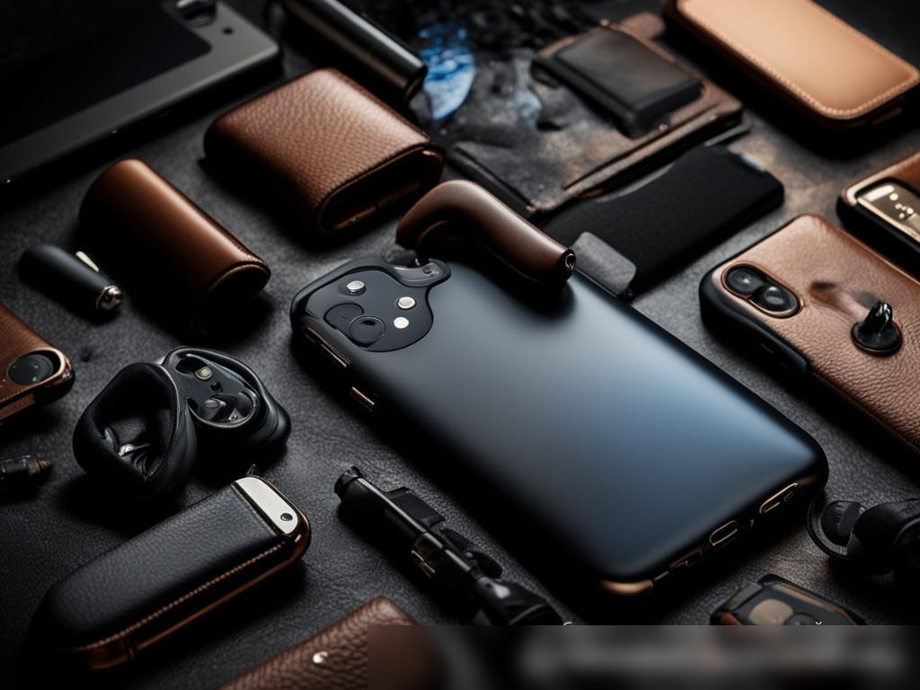 Изображение аксессуаров для мобильных телефонов на темной текстурированной поверхности в стиле высококачественной стоковой фотографии - Пример 4