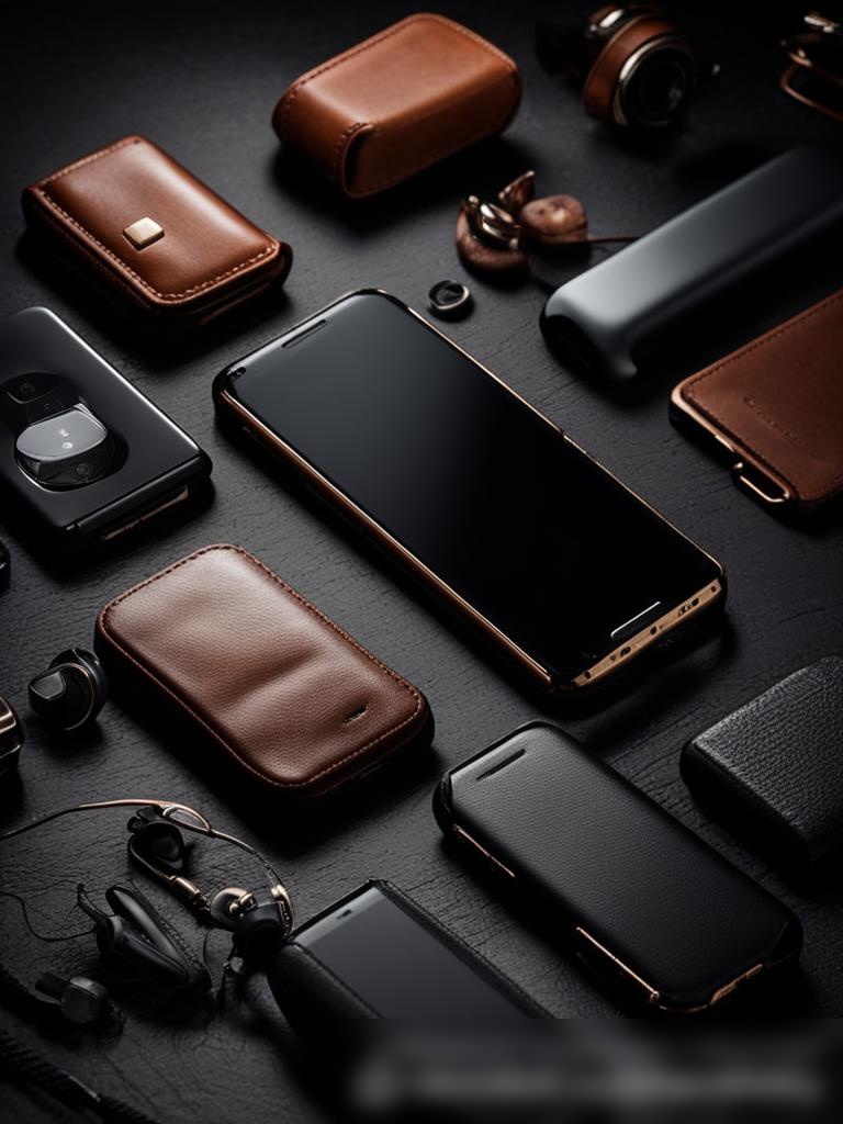 Изображение аксессуаров для мобильных телефонов на темной текстурированной поверхности в стиле высококачественной стоковой фотографии - Пример 5
