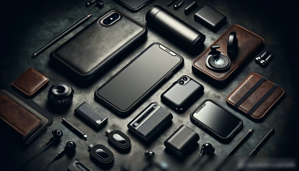 Изображение аксессуаров для мобильных телефонов на темной текстурированной поверхности в стиле высококачественной стоковой фотографии - Пример 1