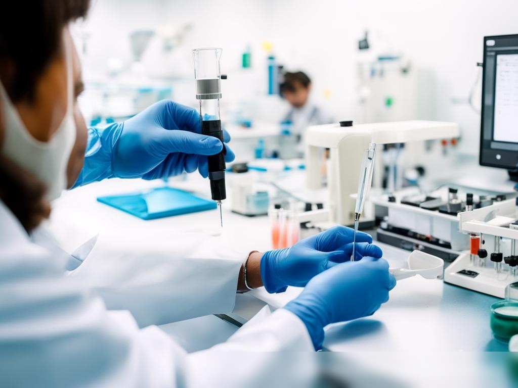 Изображение лаборатории ветеринарной микробиологии с техником, использующим пипетку для переноса образца в пробирку - Пример 4