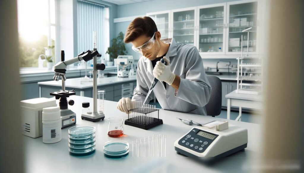 Изображение лаборатории ветеринарной микробиологии с техником, использующим пипетку для переноса образца в пробирку - Пример 1