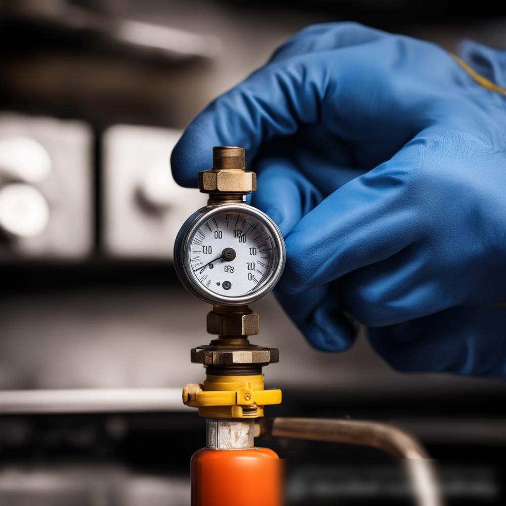 Крупный план рук в защитных перчатках, держащих манометр и подключающих его к небольшому бытовому газовому баллону - Пример 3