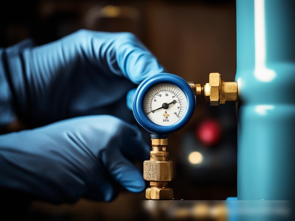 Крупный план рук в защитных перчатках, держащих манометр и подключающих его к небольшому бытовому газовому баллону - Пример 4