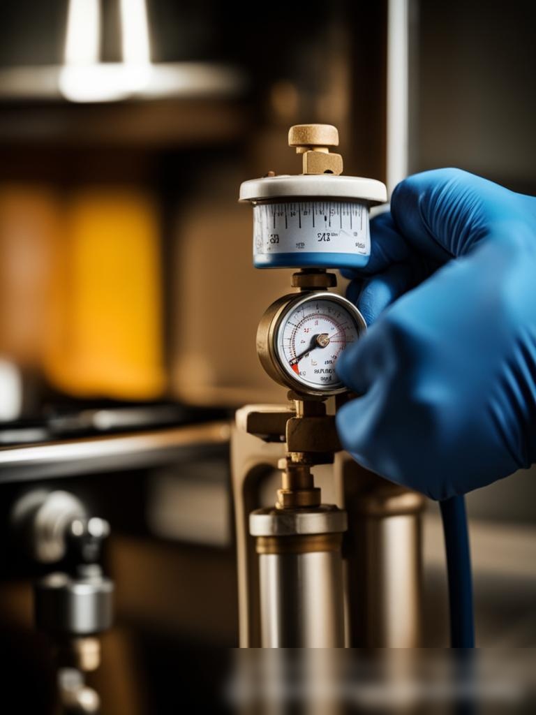 Крупный план рук в защитных перчатках, держащих манометр и подключающих его к небольшому бытовому газовому баллону - Пример 5