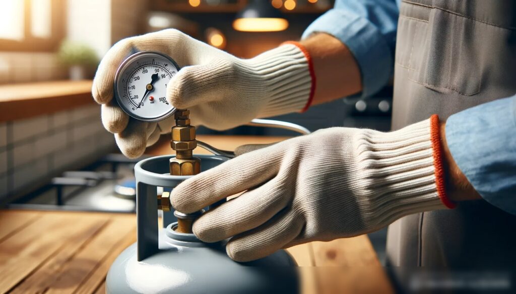 Крупный план рук в защитных перчатках, держащих манометр и подключающих его к небольшому бытовому газовому баллону - Пример 1