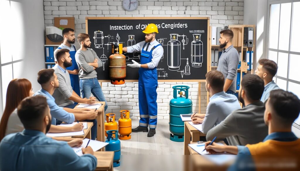 Изображение команды инженеров по безопасности газа на учебном занятии, где один инженер демонстрирует осмотр газового баллона группе внимательных стажеров - Пример 2