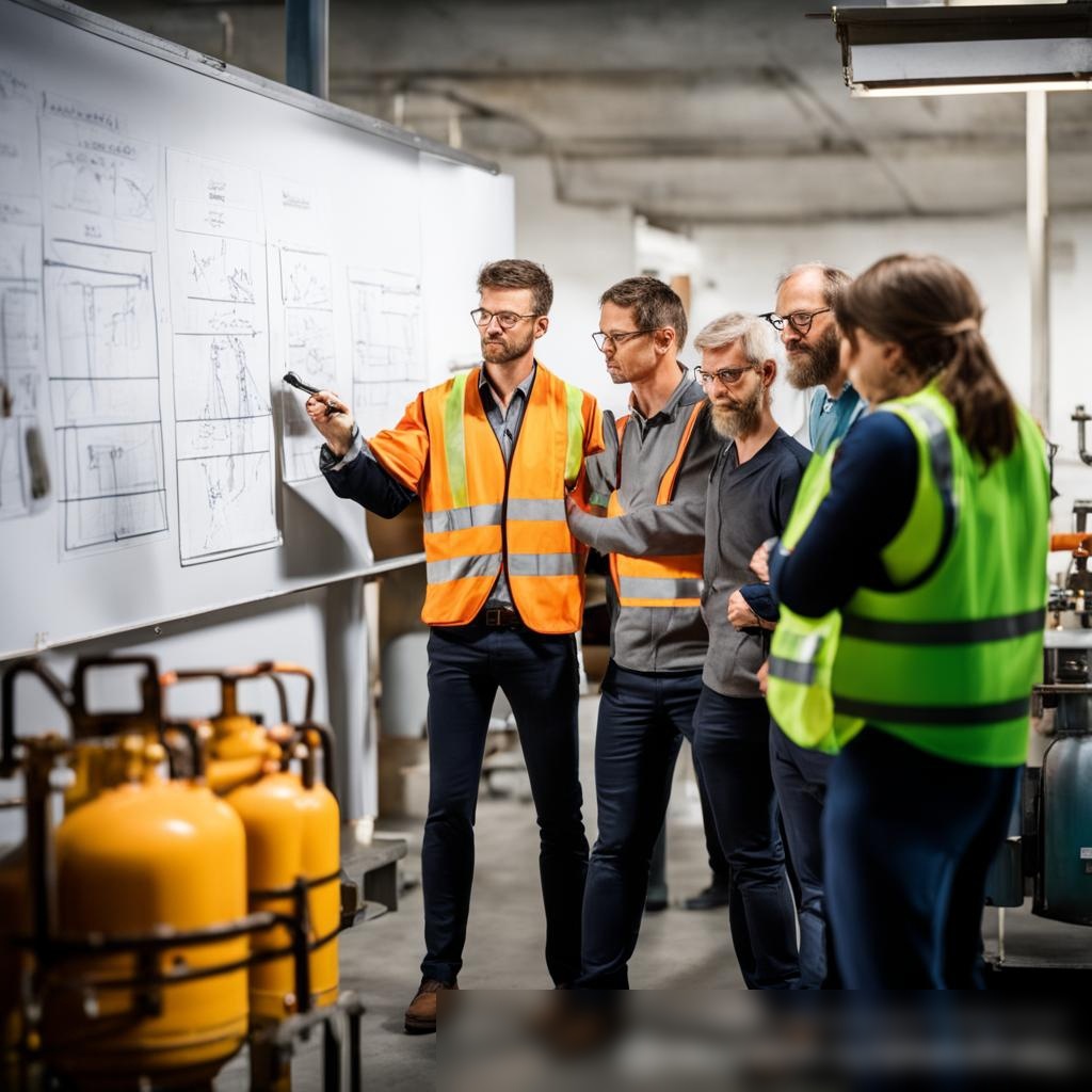 Изображение команды инженеров по безопасности газа на учебном занятии, где один инженер демонстрирует осмотр газового баллона группе внимательных стажеров - Пример 3
