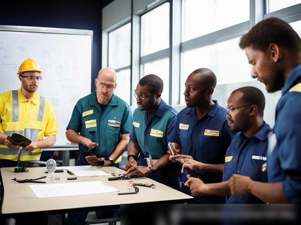 Изображение команды инженеров по безопасности газа на учебном занятии, где один инженер демонстрирует осмотр газового баллона группе внимательных стажеров - Пример 4