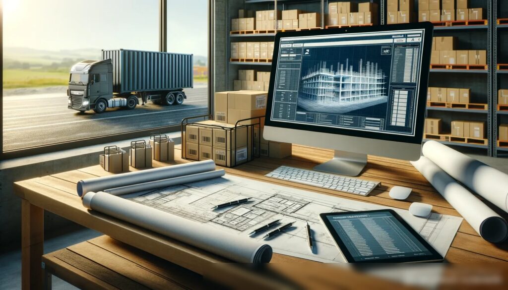 Реалистичное 3D-изображение стола архитектора с чертежами, компьютером и цифровым планшетом - Пример 2