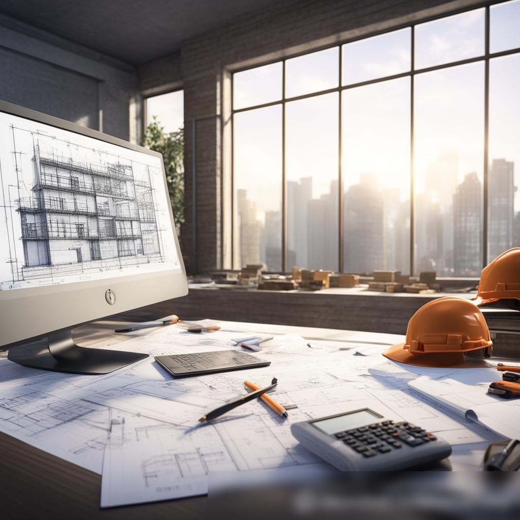 Реалистичное 3D-изображение стола архитектора с чертежами, компьютером и цифровым планшетом - Пример 3