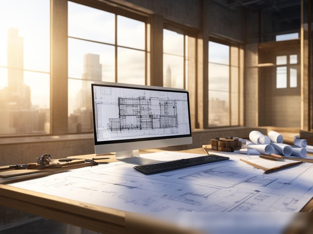 Реалистичное 3D-изображение стола архитектора с чертежами, компьютером и цифровым планшетом - Пример 4