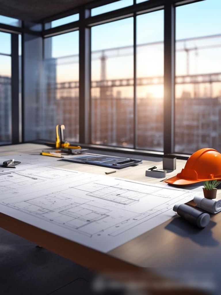 Реалистичное 3D-изображение стола архитектора с чертежами, компьютером и цифровым планшетом - Пример 5