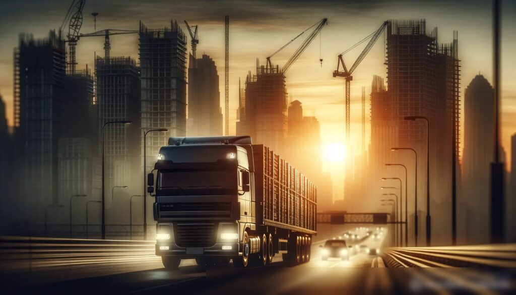 Драматичный ранний утренний снимок большого грузовика, направляющегося на строительную площадку в городе - Пример 2