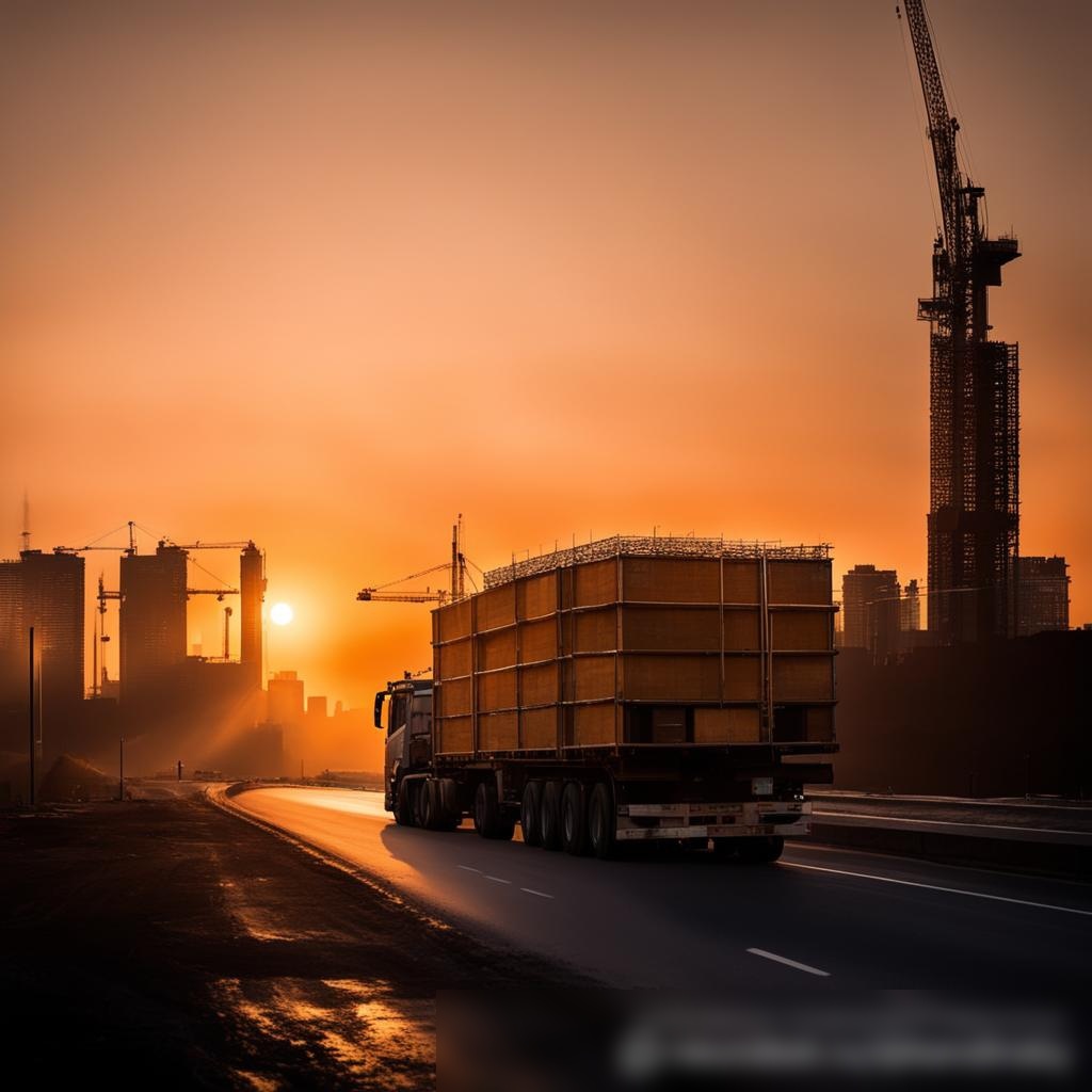 Драматичный ранний утренний снимок большого грузовика, направляющегося на строительную площадку в городе - Пример 3