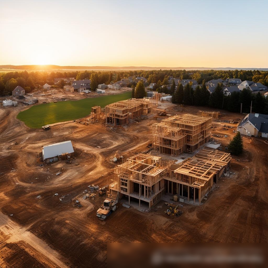 Вид сверху на жилой строительный участок на закате - Пример 3