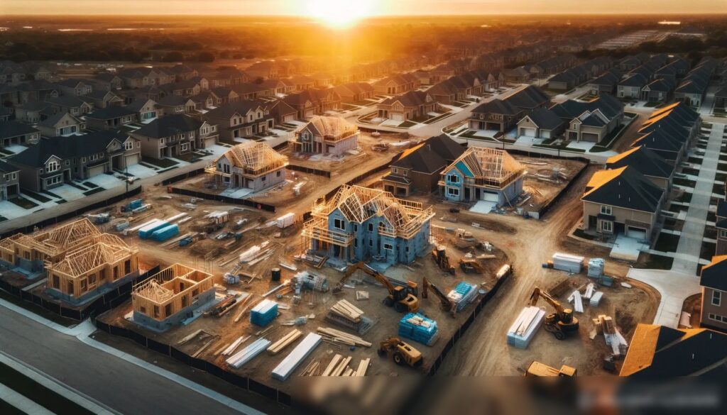 Вид сверху на жилой строительный участок на закате - Пример 1