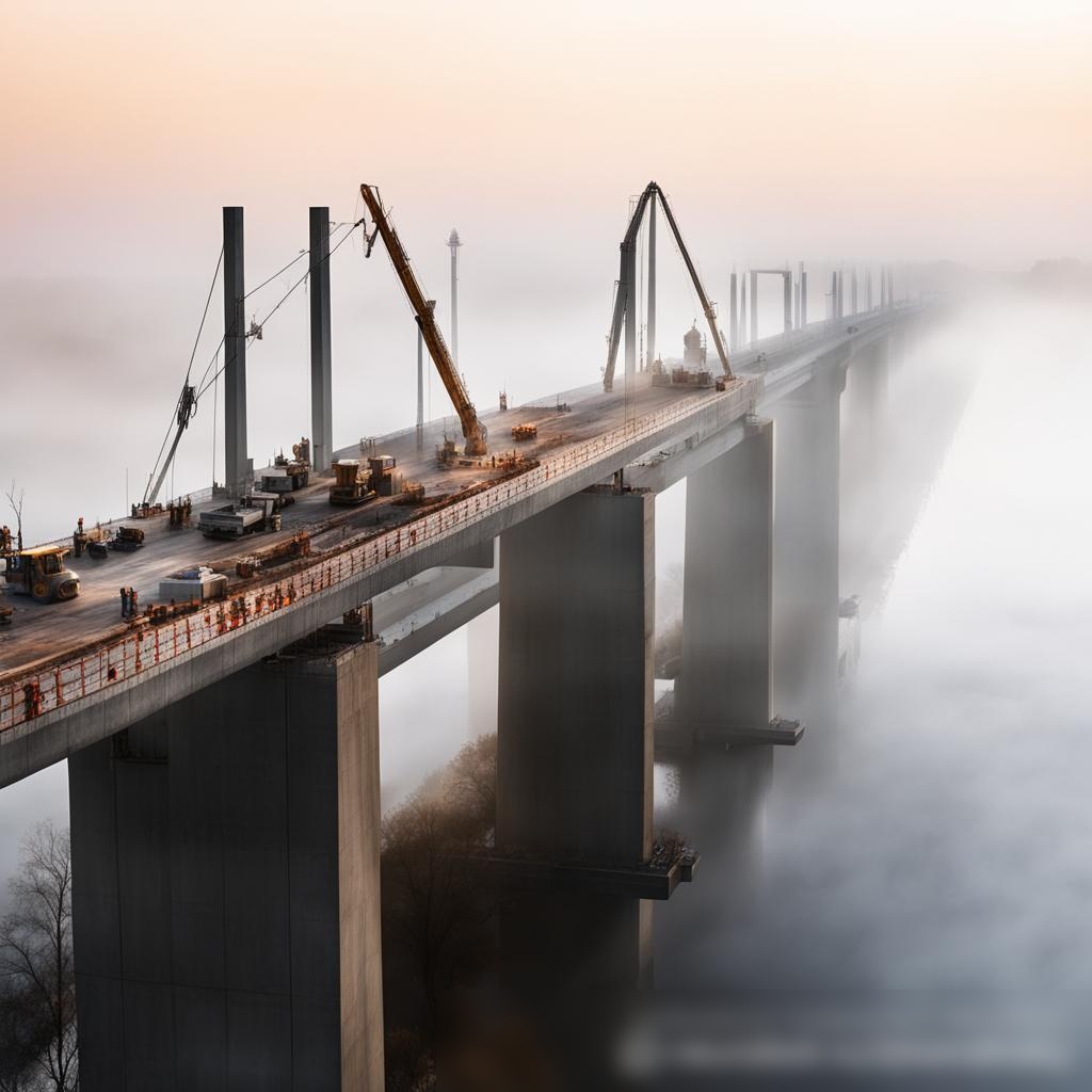 Динамичное изображение большого многоуровневого бетонного моста, находящегося в стадии строительства над рекой - Пример 3