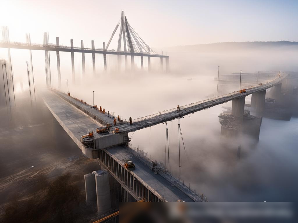 Динамичное изображение большого многоуровневого бетонного моста, находящегося в стадии строительства над рекой - Пример 4