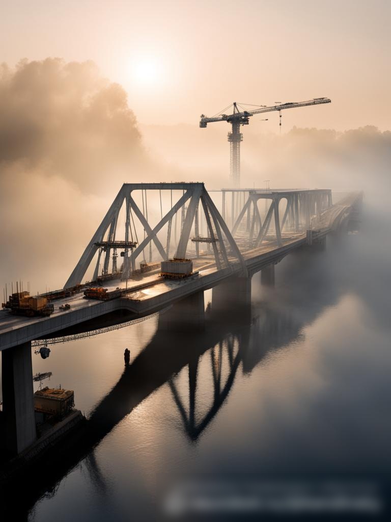 Динамичное изображение большого многоуровневого бетонного моста, находящегося в стадии строительства над рекой - Пример 5