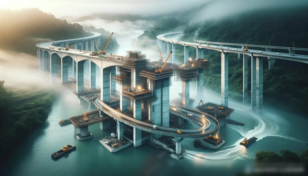 Динамичное изображение большого многоуровневого бетонного моста, находящегося в стадии строительства над рекой - Пример 1