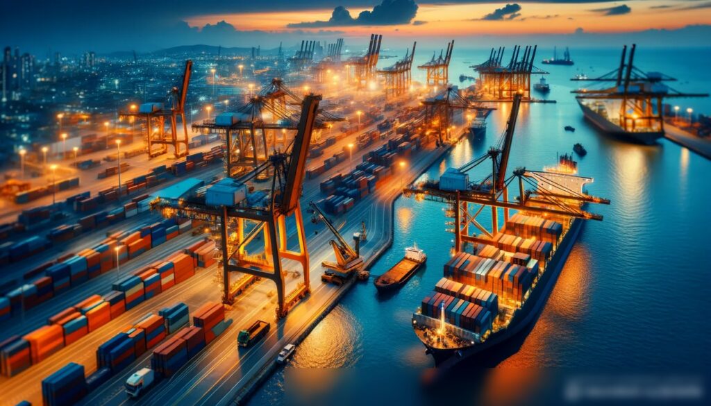 Вид с воздуха на оживленный промышленный порт на закате - Пример 2