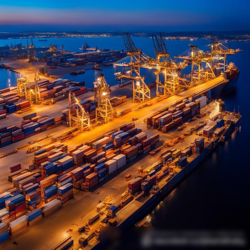 Вид с воздуха на оживленный промышленный порт на закате - Пример 3