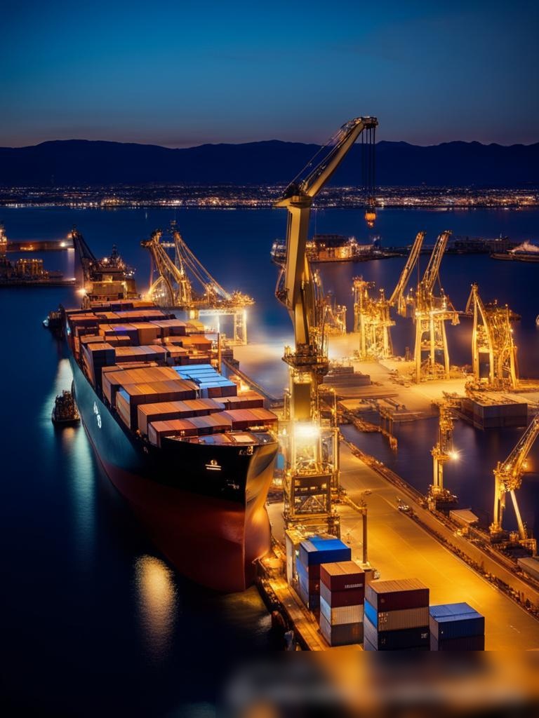 Вид с воздуха на оживленный промышленный порт на закате - Пример 5