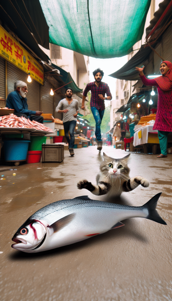 Промпт кот украл рыбу и убегает с ней - Пример 2