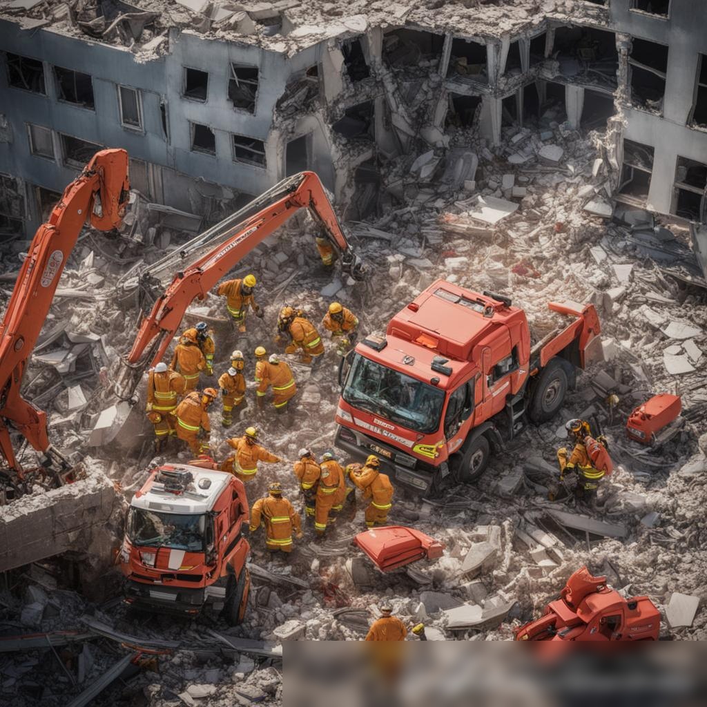 Реалистичный вид сверху на место обрушения здания, где пожарные, медики и спасательные собаки работают среди обломков, с использованием кранов и другой тяжелой техники - Пример 3