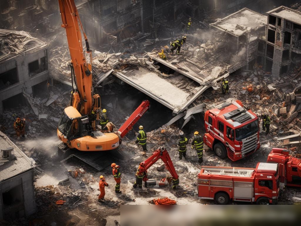 Реалистичный вид сверху на место обрушения здания, где пожарные, медики и спасательные собаки работают среди обломков, с использованием кранов и другой тяжелой техники - Пример 4