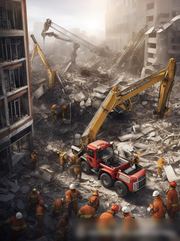 Реалистичный вид сверху на место обрушения здания, где пожарные, медики и спасательные собаки работают среди обломков, с использованием кранов и другой тяжелой техники - Пример 5