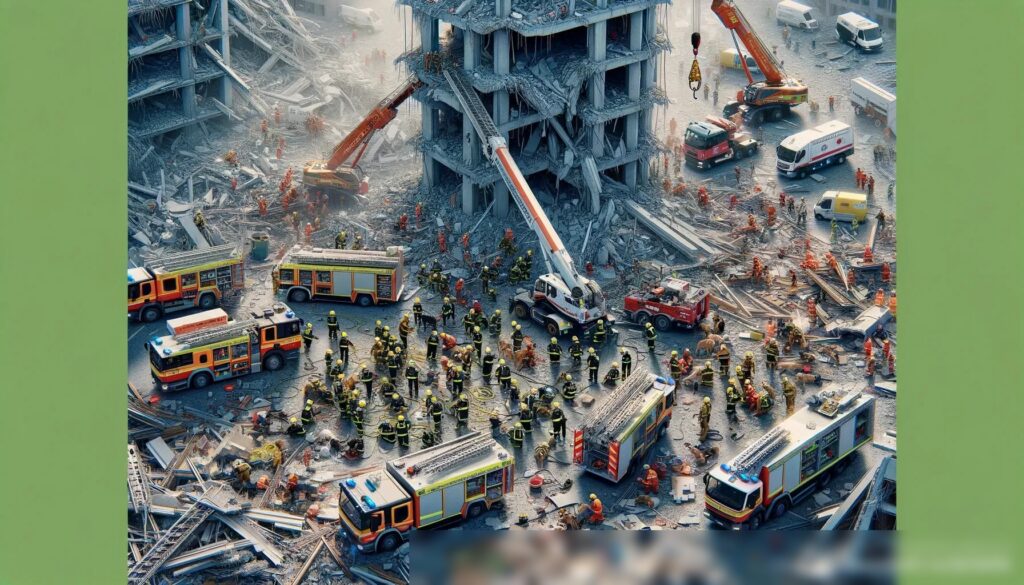 Реалистичный вид сверху на место обрушения здания, где пожарные, медики и спасательные собаки работают среди обломков, с использованием кранов и другой тяжелой техники - Пример 1