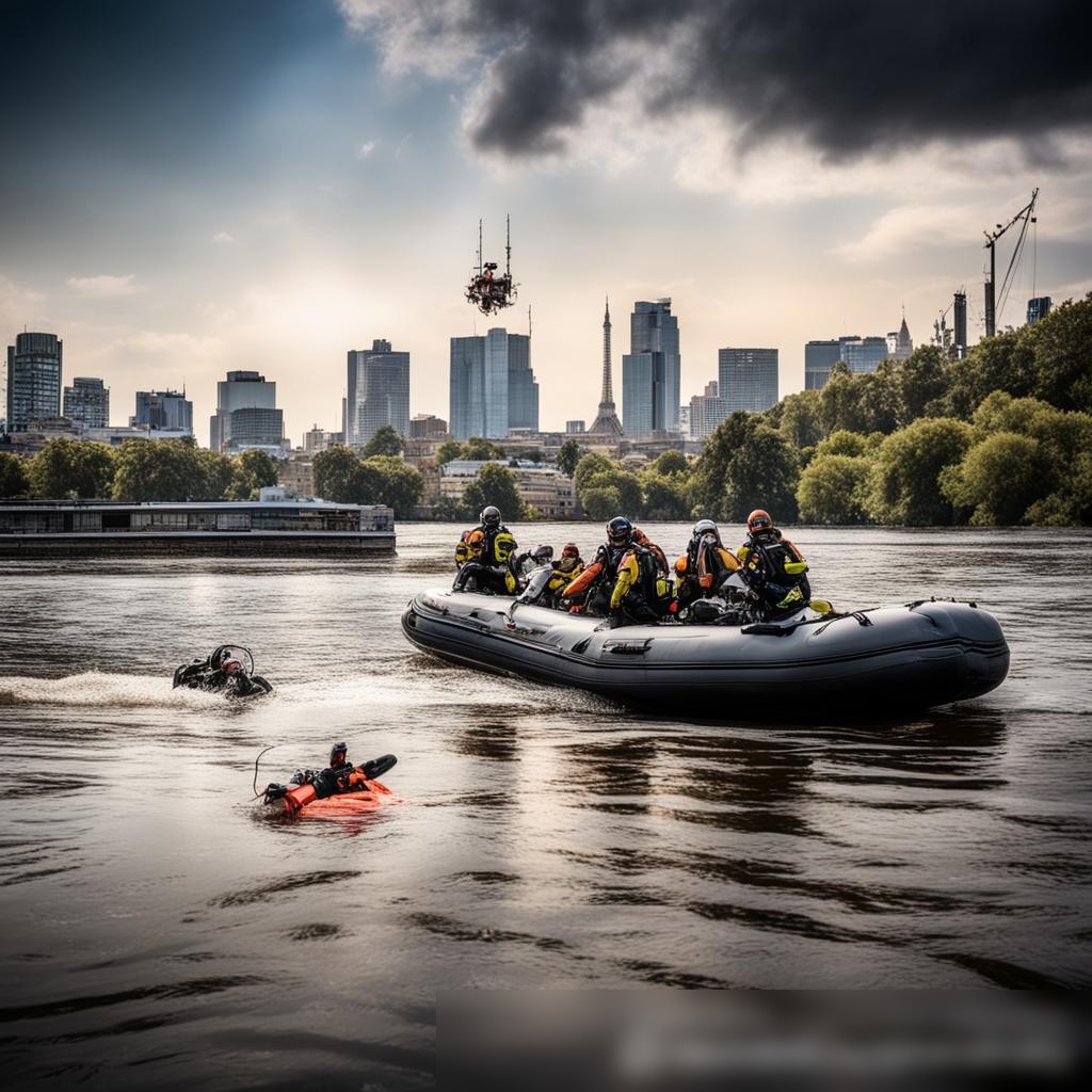 Драматичная сцена спасения на реке, где спасательные команды на надувных лодках и водолазы помогают людям с тонущего корабля, на фоне речного берега и городского горизонта - Пример 3
