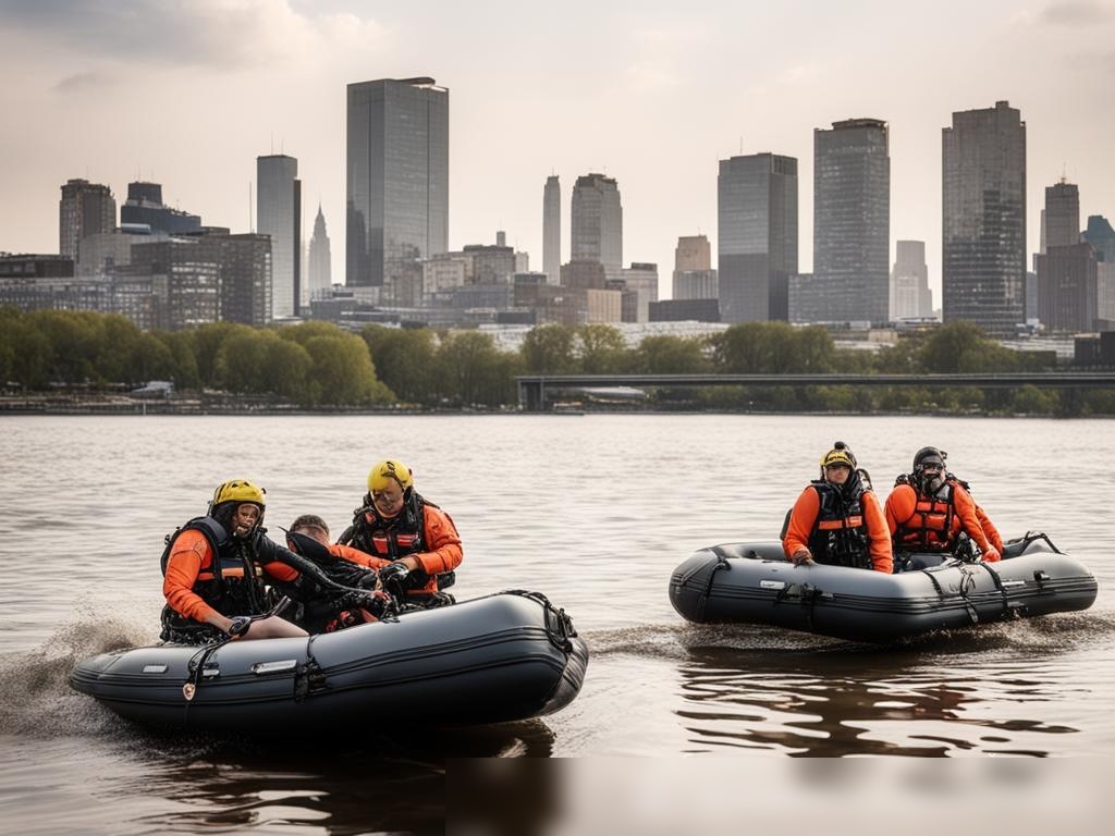 Драматичная сцена спасения на реке, где спасательные команды на надувных лодках и водолазы помогают людям с тонущего корабля, на фоне речного берега и городского горизонта - Пример 4