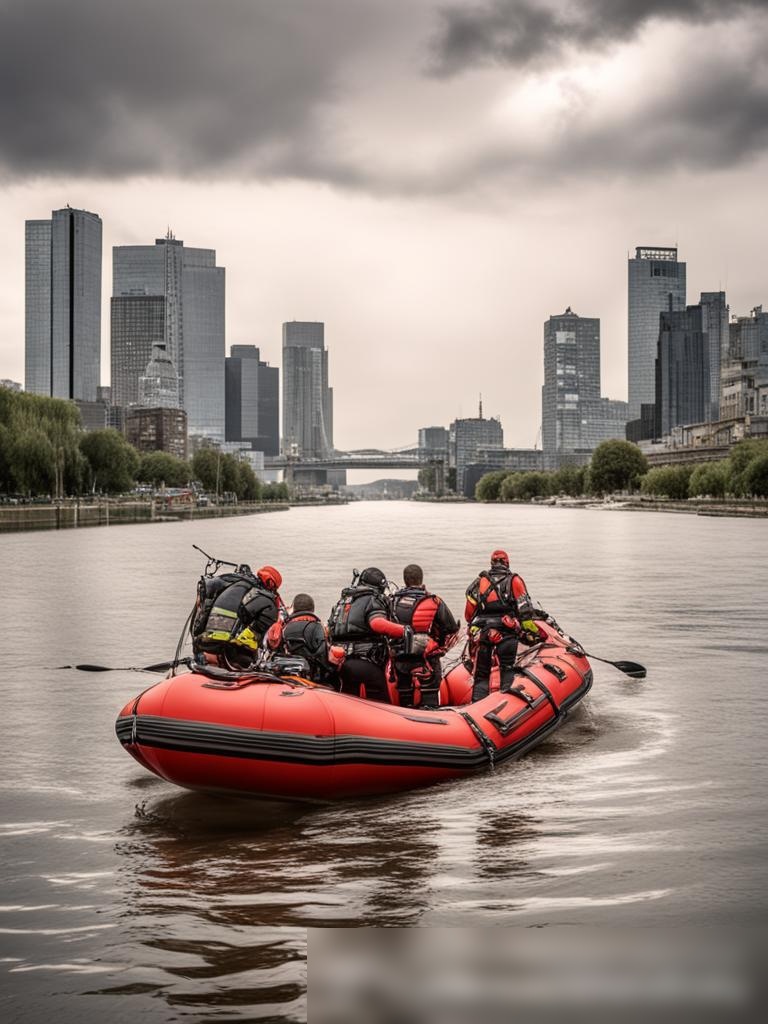 Драматичная сцена спасения на реке, где спасательные команды на надувных лодках и водолазы помогают людям с тонущего корабля, на фоне речного берега и городского горизонта - Пример 5