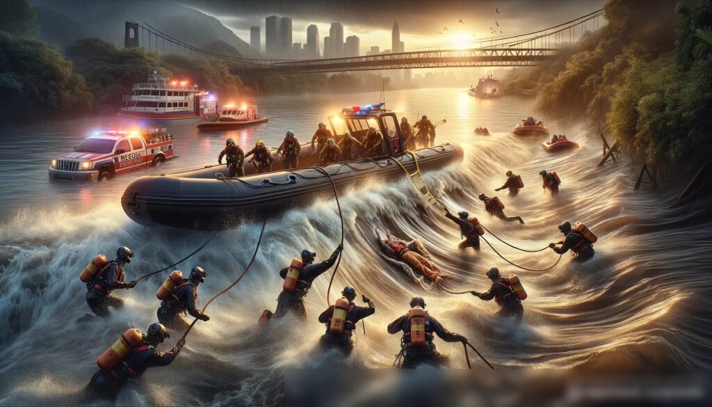 Драматичная сцена спасения на реке, где спасательные команды на надувных лодках и водолазы помогают людям с тонущего корабля, на фоне речного берега и городского горизонта - Пример 1