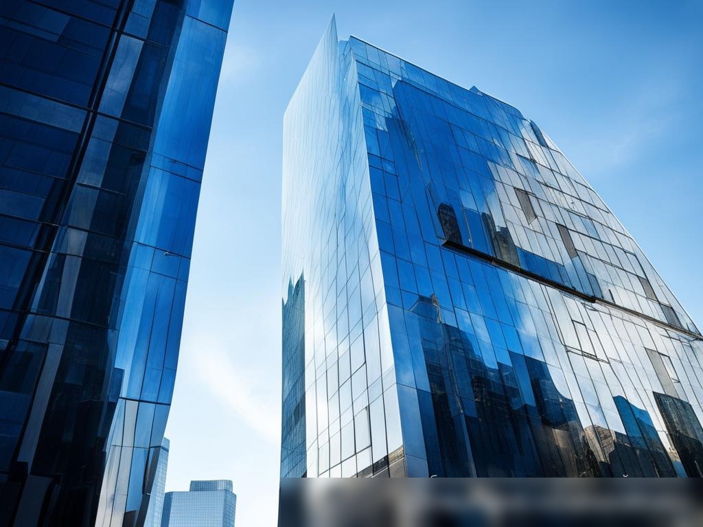 Современный офисный здание с большими окнами из бронированного стекла на фоне ясного голубого неба - Пример 4