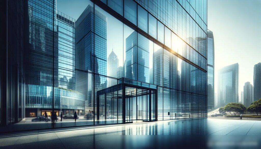 Современный офисный здание с большими окнами из бронированного стекла на фоне ясного голубого неба - Пример 1