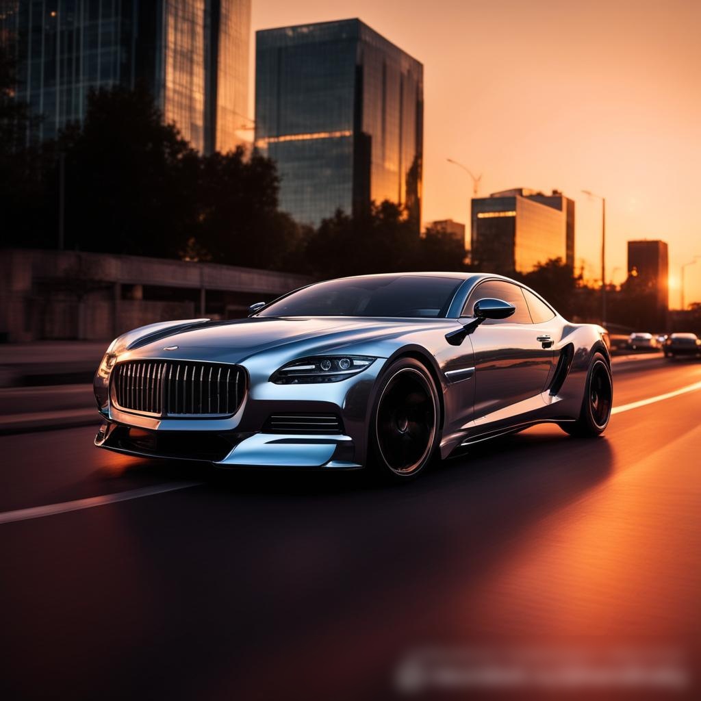 Роскошный автомобиль с бронированными стеклами, движущийся по городскому пейзажу на закате - Пример 3